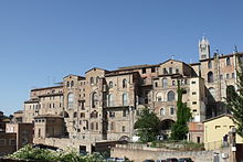 Panorama of Siena's Santa Maria della Scala Hospital, one of Europe's oldest hospitals. During the Middle Ages, the Catholic Church established universities which revived the study of sciences - drawing on the learning of Greek and Arab physicians in the study of medicine.